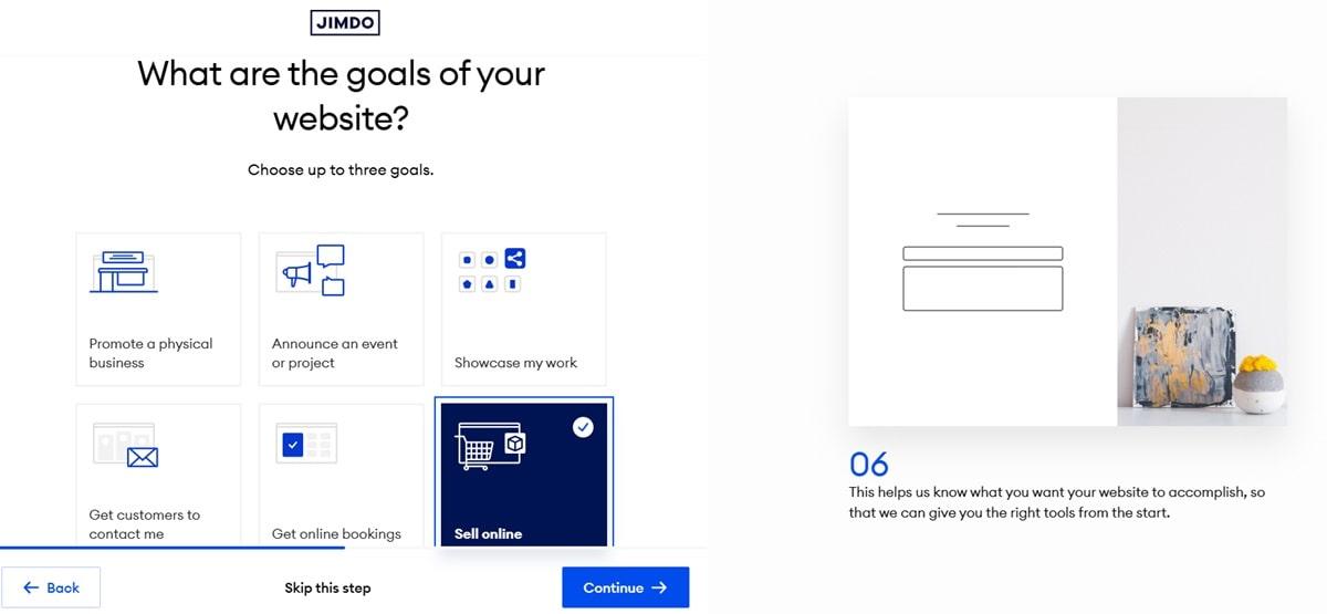 Jimdo's AI website builder with a section to specify the website goals.